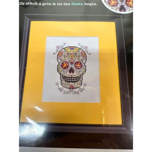 Colorful Sugar Skull Mini Counted Cross-Stitch Kit By Artiste Includes Zweigart - Picture 2 of 3